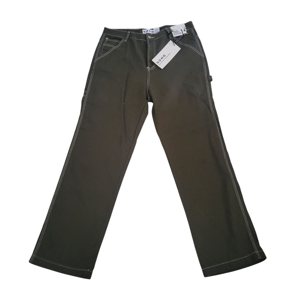 High Rise Carpenter 90s Boyfriend Jeans By S.O.N.G. 15/32 Wide Straight Leg gree